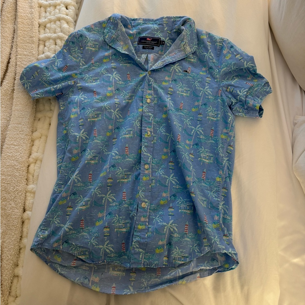 Vineyard Vines Blue Tropical Print Short Sleeve Shirt